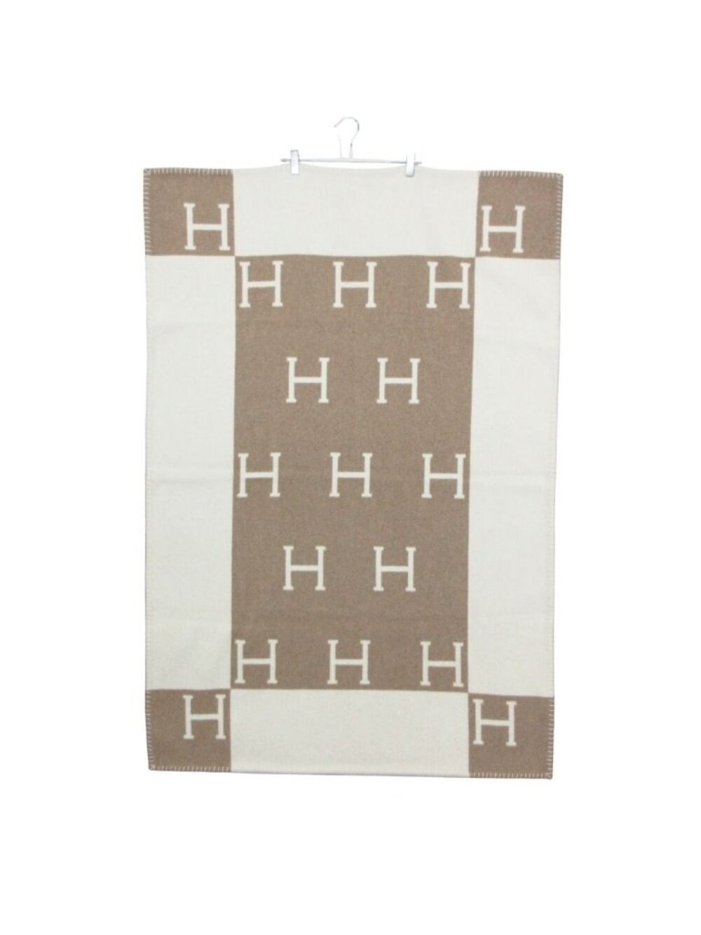 Hermes Baby Plaid Avalon Wool Cashmere Logo Interior Beige Blanket